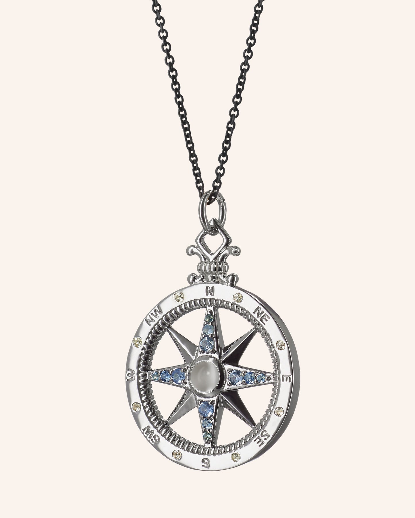 "Adventure" Global Compass Necklace with Blue and White Sapphires and Moonstone
