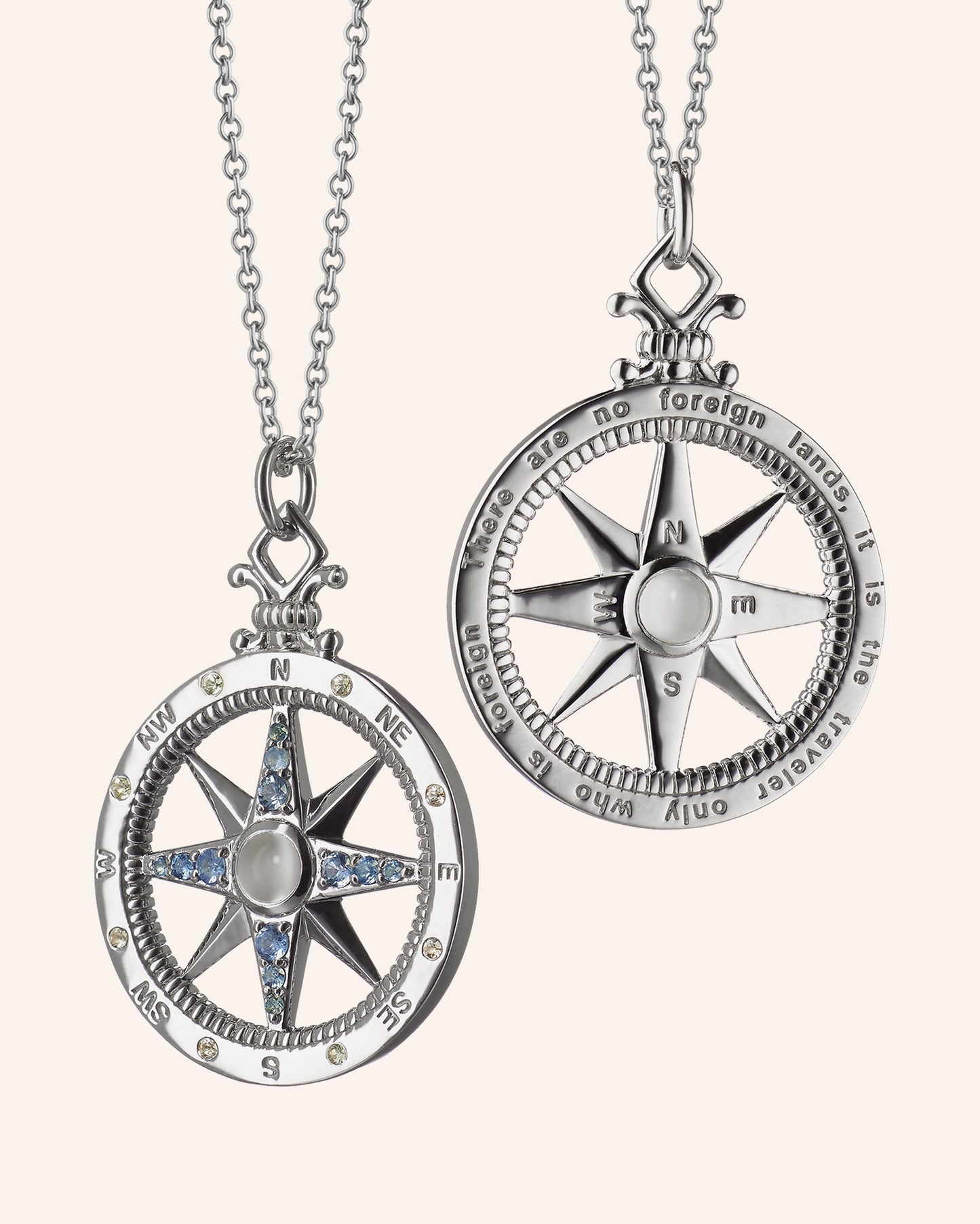 "Adventure" Global Compass Necklace with Blue and White Sapphires and Moonstone