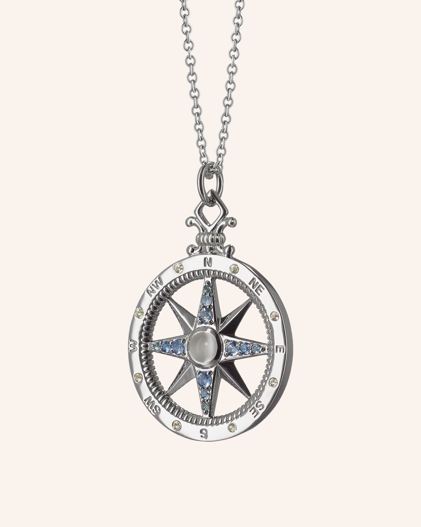 "Adventure" Global Compass Necklace with Blue and White Sapphires and Moonstone