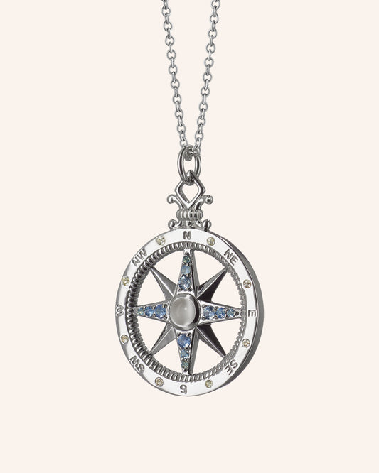 "Adventure" Global Compass Necklace with Blue and White Sapphires and Moonstone