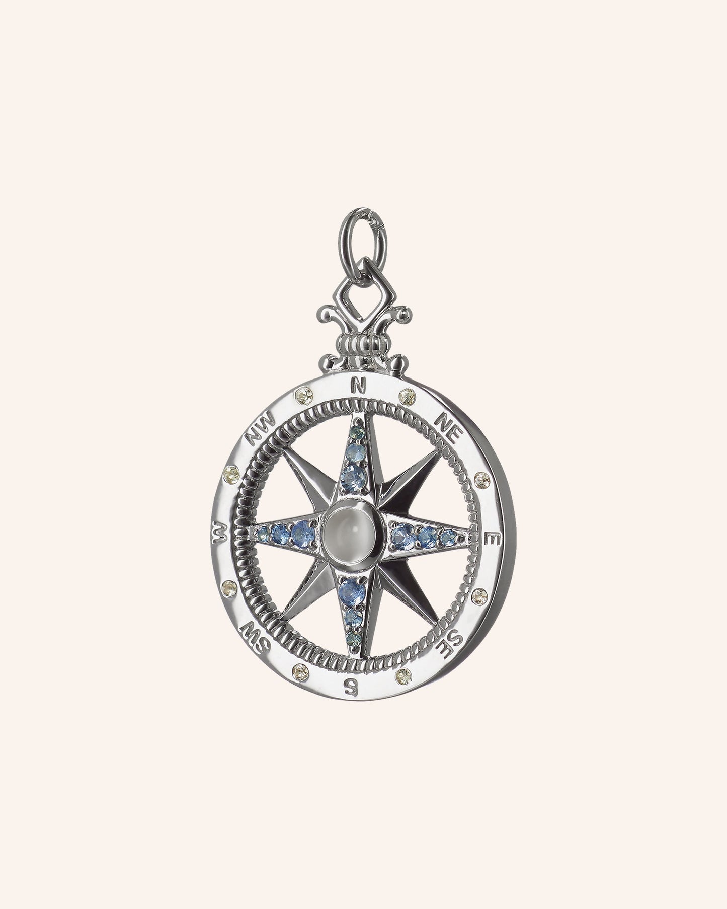 "Adventure" Global Compass Necklace with Blue and White Sapphires and Moonstone