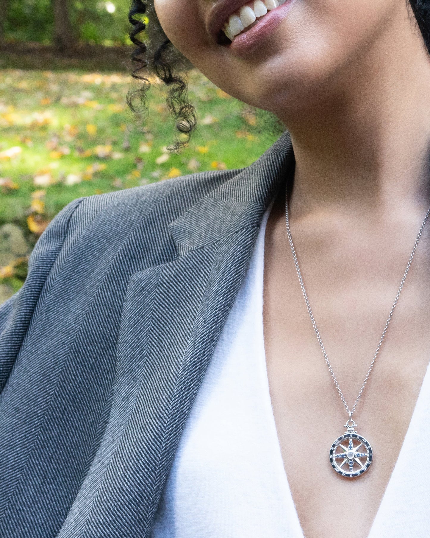 "Adventure" Global Compass Necklace with Blue and White Sapphires and Moonstone