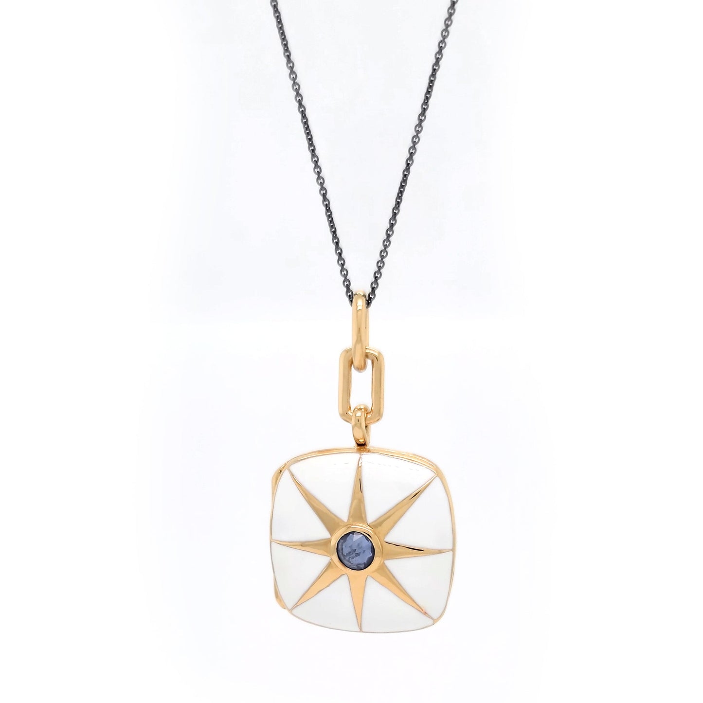 White Enamel Vermeil Cushion Locket with Blue Sapphire