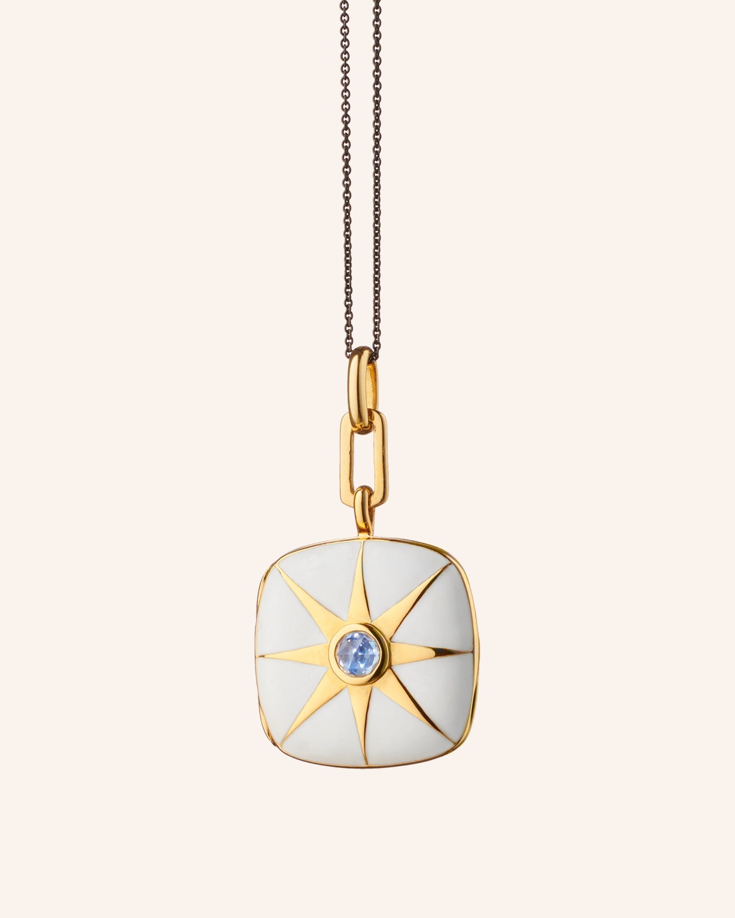White Enamel Vermeil Cushion Locket with Blue Sapphire